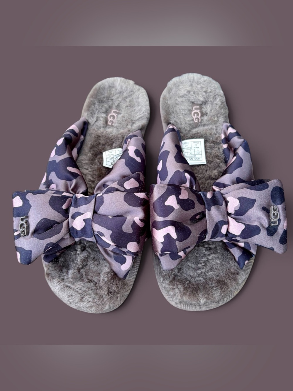 UGG Lushette Womens 5US Slippers Sheepskin Slate Leopard Puffer Comfort Y2K